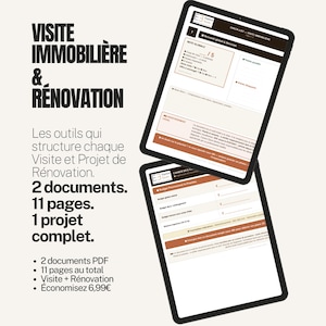Peut inclure: Deux tablettes noires affichant une liste de contrôle immobilière et de rénovation. Les tablettes montrent des formulaires et des documents avec du texte en français. L'image comprend le texte "VISITE IMMOBILIÈRE & RÉNOVATION".