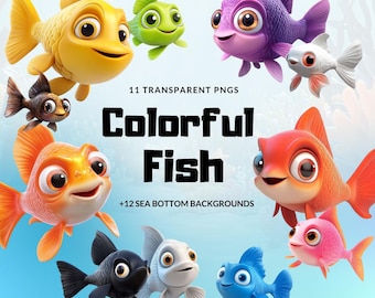 May include: A set of 11 colorful cartoon fish illustrations with transparent backgrounds. The fish are in various poses and have different colors, including yellow, orange, red, purple, blue, green, and black. The text "Colorful Fish" is displayed in the center of the image.