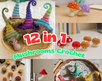 Schema per funghi all'uncinetto in PDF 12 in 1, disegni di funghi amigurumi / Tutorial per principianti / Pacchetto di schemi per simpatici peluche all'uncinetto fai da te