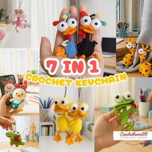 以下が含まれることがあります： ピンクの生き物、鶏、アヒル、キリン、カエル、リボン付きのアヒルなど、7つの手編みかぎ針編みキーホルダーのコレクション。キーホルダーはカラフルで手作りで、「7 IN 1 CROCHET KEYCHAIN」の文字が入っています。