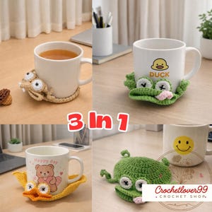 Peut inclure: Plusieurs dessous de verre faits à la main au crochet avec des motifs d'animaux. Les dessous de verre présentent des motifs de grenouille, de canard et de hibou. Les tasses blanches ont différents graphiques. L'image comprend également le texte "3 In 1".