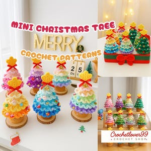 Puede incluir: Una colección de mini árboles de Navidad de ganchillo de colores. Cada árbol tiene una estrella en la parte superior y está adornado con elementos decorativos. La imagen incluye el texto "Mini Christmas Tree" y "Crochet Patterns".