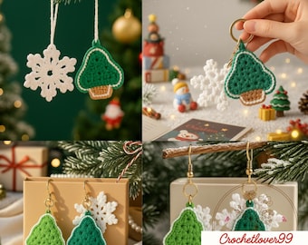 Puede incluir: Un collage de adornos y accesorios navideños hechos a mano. La imagen presenta copos de nieve de ganchillo, árboles de Navidad verdes con bases marrones y pendientes. Algunos artículos cuelgan de una rama, otros se exhiben en una caja de regalo. El texto "Crochetlover99 + Crochet Shop" es visible.