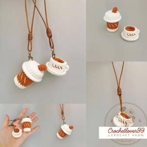 May include: Crocheted coffee cup and iced coffee pendant necklaces. The pendants are white and brown, with a brown leather cord. The iced coffee pendant has a white whipped cream top. The coffee cup pendant has a saucer.