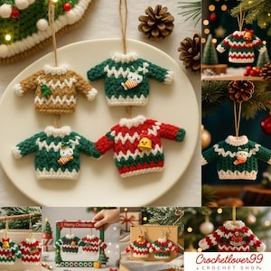 May include: A collection of crocheted Christmas sweater decorations in green, red, and brown with white detailing. Each miniature sweater features a unique design, including a bell, a cat with a stocking, and a Christmas tree. Ideal for festive decor.