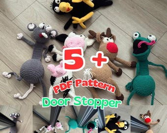 6 Funny Animal Door Stopper Crochet Patterns PDF – Amigurumi Frog, Cow, Reindeer, Mouse, Horse, Crow Pattern Bundle, Cute Home Decor