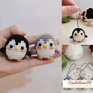 May include: Crocheted penguin ornaments in black and gray, with white bellies, yellow beaks, and black eyes. The penguins have small wings and are shown in a variety of poses. The image also shows a penguin charm with a black cord.