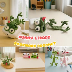 Peut inclure: Marque-pages en forme de lézard crochetés, verts et roses, avec de grands yeux globuleux. L'image comprend le texte "FUNNY LIZARD BOOKMARK CROCHET". Ces marque-pages faits à la main sont originaux et amusants.