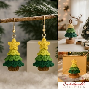 以下が含まれることがあります： 金色のフックが付いた、かぎ針編みのクリスマスツリーのイヤリング。イヤリングは、上部に黄色の星があり、緑の色合いに変わり、茶色のベースになっています。画像には、かぎ針編みの木の飾りも表示されています。