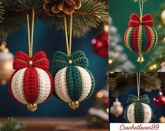 May include: Crocheted Christmas ornaments in red, white, and green, with gold accents and bow details. The ornaments are hanging from a pine branch, showcasing a festive holiday theme. Each ornament has a gold bell at the bottom.