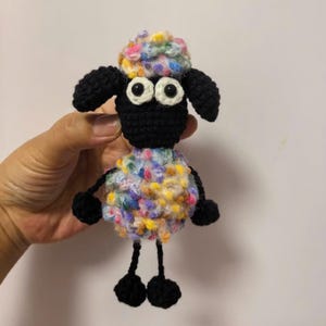 May include: A handmade crochet sheep doll with a black face, ears, and legs. The sheep's body and head are made of colorful, speckled yarn. The doll has large, white-rimmed eyes and is held in a hand.