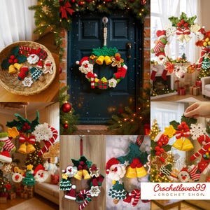 Puede incluir: Una colección de coronas y adornos navideños hechos a mano. Las coronas presentan diseños de ganchillo rojos, verdes y blancos con Papá Noel, hombres de jengibre, campanas y bastones de caramelo. Una cesta tejida contiene adornos adicionales. El texto "Crochetlover99 + Crochet Shop" es visible.