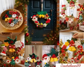 May include: A collection of handmade Christmas wreaths and ornaments. The wreaths feature red, green, and white crochet designs with Santa, gingerbread men, bells, and candy canes. A woven basket holds additional ornaments. The text "Crochetlover99 + Crochet Shop" is visible.