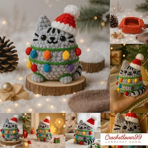 Może przedstawiać: Szara figurka kota zrobiona na szydełku, w czerwono-białej czapce Świętego Mikołaja i łańcuchem kolorowych lampek choinkowych. Kot siedzi na drewnianym plastrze, w świątecznym klimacie.