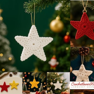 May include: A collection of crocheted star ornaments in various colors, including white, red, and yellow. Each star is suspended by a gold string, perfect for Christmas tree decoration. The ornaments are handmade and add a festive touch.