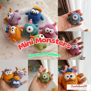 Patrón de mini monstruos a crochet en PDF, patrón de llavero de monstruo amigurumi, adorable patrón de Halloween a crochet, tutorial de conjunto de monstruos a crochet para Halloween