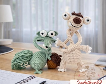 Divertente schema all'uncinetto per bradipi e scoiattoli in formato PDF, set amigurumi 2 in 1, bambole animali dal collo lungo, tutorial per un divertente giocattolo all'uncinetto