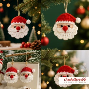 May include: Handmade crochet Santa Claus decorations. Each ornament features a red hat, white beard, and rosy cheeks. The image shows individual ornaments and a pair of earrings, all suspended by gold threads, ideal for Christmas.