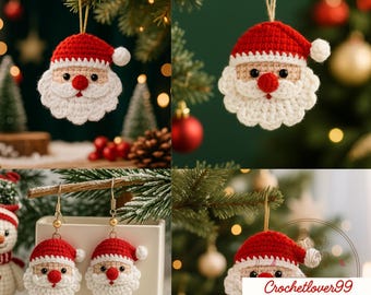 Ornamento di Babbo Natale all'uncinetto PDF + Video Tutorial – Graziosa decorazione natalizia – Facile tutorial Amigurumi – Modello fai da te per decorazioni per l'albero di Natale