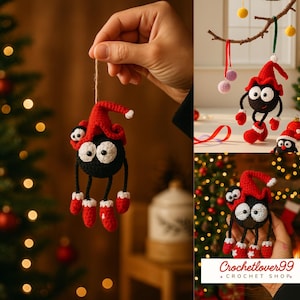 Jul Black Soot Sprite Amigurumi Virkmönster PDF, Söt Nyckelringshandledning för Ornament, DIY Virkdekoration för Högtider