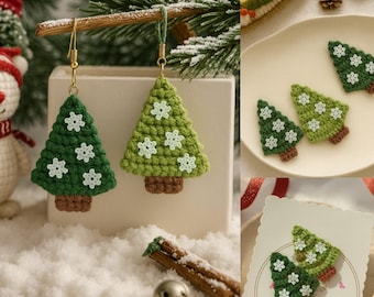 Puede incluir: Pendientes de árbol de Navidad tejidos a ganchillo, verdes con detalles de copos de nieve blancos y troncos marrones. La imagen también muestra otros adornos de árboles tejidos a ganchillo, ideales para regalos navideños.