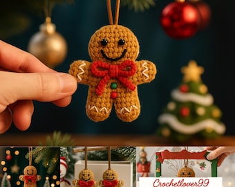May include: A crocheted gingerbread man Christmas ornament with a red bow tie and white accents. The ornament has a smiling face and is hanging from a brown string. The background includes Christmas decorations.