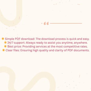 Pu&ograve; includere: Sfondo beige chiaro con virgolette e una linea orizzontale. Il testo include "Simple PDF download", "24/7 support", "Best price" e "Clear files", ciascuno con una breve descrizione.