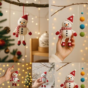 Puede incluir: Adorno de muñeco de nieve tejido a ganchillo con gorro, bufanda, mitones y botas rojas. El muñeco de nieve tiene una nariz de zanahoria y ojos de botón negros. Ideal para decoraciones navideñas.