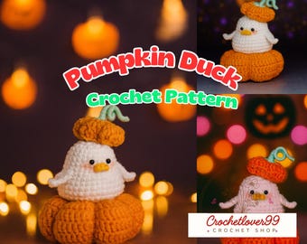 Schema all'uncinetto per anatra zucca in PDF - Graziosa anatra amigurumi su zucca con cappello / Tutorial all'uncinetto autunnale per Halloween, peluche fai da te