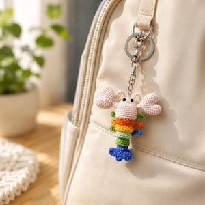 May include: A crochet lobster keychain featuring a light pink head and claws, with a segmented body in horizontal stripes of yellow, orange, light green, and dark green, ending in a blue tail, attached to a silver metal split ring and chain.