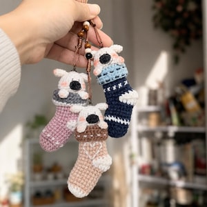 May include: Three crocheted ornaments featuring small white bear-like figures emerging from knit-style stockings. The stockings are pink, beige, and dark blue with white accents. Each ornament hangs from a brown cord with wooden beads.