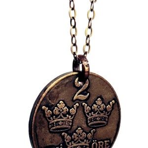 Authentic Bronze Swedish 2 Ore Crowns Coin Necklace