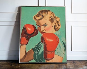 Póster vintage de boxeadora de los años 60 (descarga digital retro) - Arte mural de boxeo femenino, decoración imprimible al instante, caja deportiva imprimible