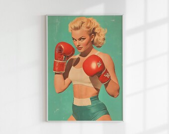 Póster digital vintage de boxeadora: arte de lucha retro, decoración de pared de fuerza femenina, ilustración de boxeadora clásica, obra de arte deportivo imprimible
