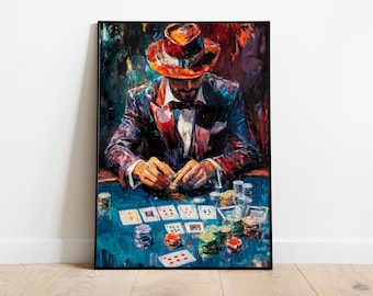 Poker Player in Suit Digital Poster – Oil Painting Style – High-Stakes Casino Wall Art – Man Cave Decor – Instant Download