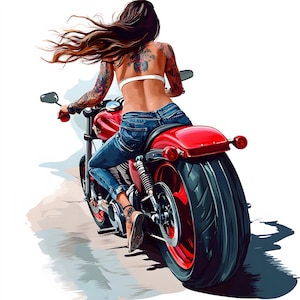 Biker Girl Clipart-Set, 9 JPG-Bilder, Motorradfahrerin, moderne Retro Biker Kunst, digitale Biker Illustrationen druckbare Clip Art
