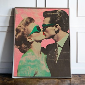 Póster retro de pareja besándose de los años 60 – Estilo pop art vintage – Impresión digital romántica – Arte imprimible de amor de descarga instantánea