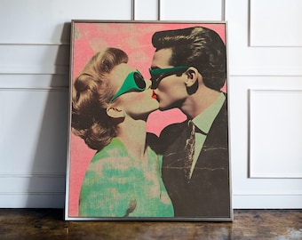 Retro 1960s Kissing Couple Poster – Vintage Pop Art Style – Romantic Digital Print – Instant Download Love Printable Art