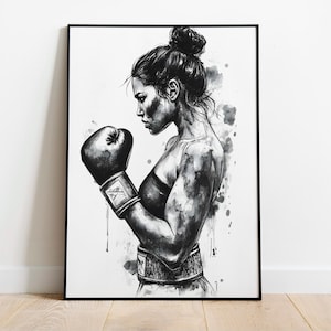 Black and White Digital Poster of a Female Boxer – Stylish Boxing Art Print, Boxing Wall Decor, Printable Sport Print
