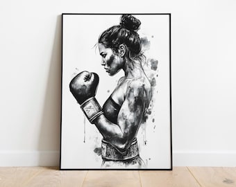 Póster digital en blanco y negro de una boxeadora: elegante impresión artística de boxeo, decoración de pared de boxeo, impresión deportiva imprimible