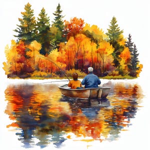 10 imágenes de alta resolución de abuelo y nieto pescando en un barco. Conjunto de imágenes prediseñadas de acuarela, imágenes prediseñadas familiares, impresiones JPG de pesca en la naturaleza.