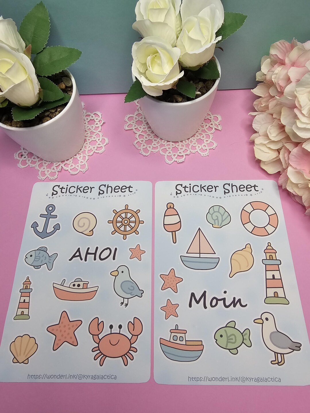 Meer Sticker Maritime Sticker Set 2 Sheets Hand-drawn Lighthouses, Boats and Shells ...
