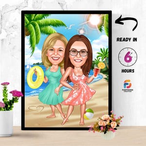 Personalized Girls Beach vacation caricature, Gift for Women, Gift for Her, Beach Girls Gift, Vacation Caricature, Gift for Beach Lovers