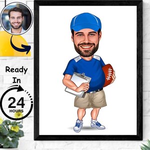 Football Coach Gift, Rugby Cartoon Drawing, American Football Coach Caricature from Photo, Rugby Caricature Gift, Rugby Digital Portrait Art