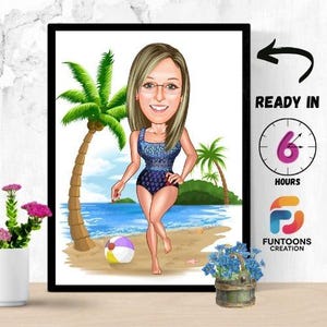 Personalized women Beach vacation caricature, Gift for Women, Gift for Her, Birthday Gift for Her, Vacation Caricature, Beach Gift for Her