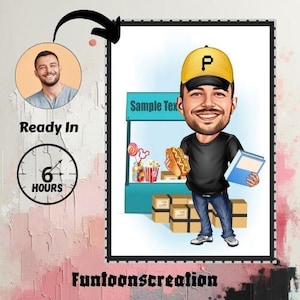 Caricatura personalizada de chef de churrasco, presente para chef, presente para chef, caricatura de chef, presente para vendedor de fast food, presente para vendedor de pizza e hambúrguer, banner de pizza e hambúrguer