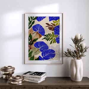 Abstrakte blaue botanische Kunst-Druck, moderne druckbare Wandkunst mit Blumenmuster, Eklektische Blume Blätter digitales Poster, druckbares digitales Download Geschenk