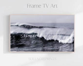Schwarz und Weiß Samsung TV Kunstrahmen - Minimalistische Küsten Meereswellen - Moderne TV Kunst (Digitaler Download)