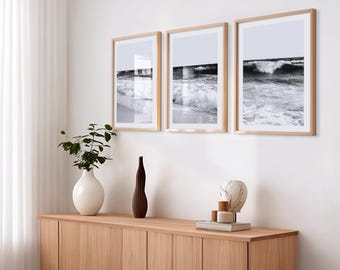 Coastal Black & White Ocean Wave Triptych Wall Art – Minimalist Beach Photography Prints – Modern Coastal Home Decor – Digital Download