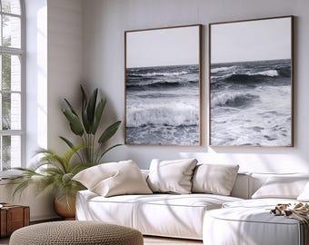 2er Set Ozean Fotografie Druck, schwarz weiß Strand Welle Natur Kunst, Meer Küste Wasser Poster große druckbare Wandkunst digitaler Download